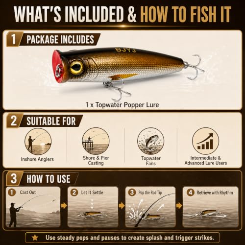 Topwater Popper Fishing Lure, 4in 0.81oz ABS Floating Saltwater Bait with BKK 3X #4 Treble Hooks, Foil-Stamped Finish for Inshore Striped Bass Redfish Snook Tarpon - color: A1-1PCS/0.81OZ-4"