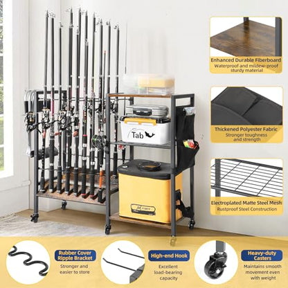 Olakee Fishing Rod Holders, Rolling Fishing Rod Rack for Garage & Boat, Tackle Box & Reel Holder Cart, Easy Assembly Fishing Gear Management System, Ideal Birthday Gift for Men Dad Anglers - color: 16 Rods,Carbonized Black