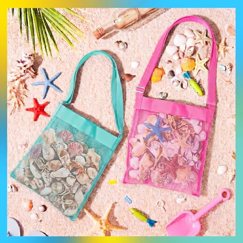 VioraWhite 2 Pcs Extra Large 14 x 16inch Clam Mesh Chum Beach Bags for Seashells Clams Treasures Sand Away Foldable Shell Collection Bags with Adjustable Straps (Pink,Light Green) - color: Pink,Light Green