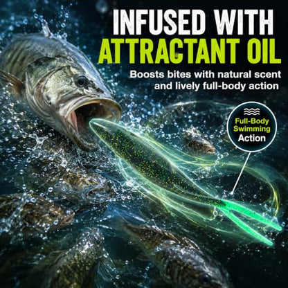Soft Plastic Jerkbait Fishing Lures, 5 Inch Fluke Style Minnow Swimbaits for Bass, Walleye, Trout & Crappie, Scented Soft Baits for Freshwater & Saltwater, 10 Pack - color: Dark Green