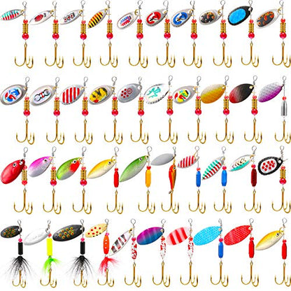 Skylety 40 Pcs Fishing Lure Hard Metal Colorful Spinner Baits with Tackle Box Trout Spoon Fishing Lures for Bass Pike Walleye Trout Salmon