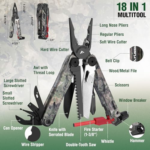 FLISSA Multitool, 18 in 1 Camo Multitool Pliers with Fire Starter, Window Breaker, Whistle, Stainless Steel EDC Gear with Sheath - Perfect for Survival, Simple Repair, Camping - color: Camo, size: 18-in-1