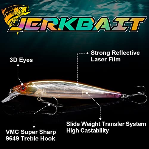 XFISHMAN Jerkbait Kit - Minnow Lure - Suspending - Bass, Smallmouth Bass, Walleye, Largemouth Bass - 1 Piece - color: Wakasagi, size: 110mm（4-3/8"in）