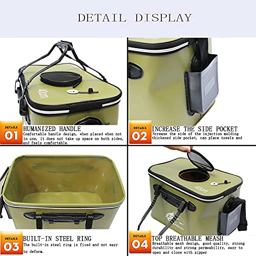 Fishing Bucket,Foldable Fish Bucket, Multi-Functional EVA Fishing Bag for Outdoor, Live Fish Lures Bucket and Fish Protection Bucket,10GAL/8GAL/6GAL/4.8GAL/3GAL Live Fish Container (10GAL/ArmyGreen) - color: 10gal/Armygreen
