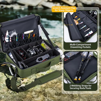 Goture Fishing Reel Case, Hard Shell Customize Storage Bag | Modular dividers for custom fit 600D water-resistant fabric & EVA padding Integrated rod straps & quick-access pockets - color: Green