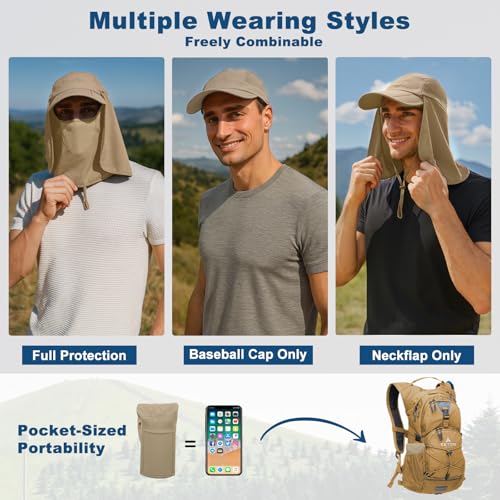 Surblue Neck Face Flap Outdoor Cap UV Protection Sun Hats Fishing Hat Quick-Drying UPF50+ - color: Khaki, size: Small