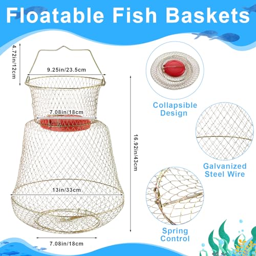 Hollowfly 2 Pcs Steel Wire Fish Basket and Fishing Landing Net with Extension Aluminum Telescoping Pole Includes 1 Portable Fishing Net with Handle 1 Collapsible Wire Fishing Basket for Women Men