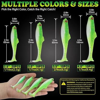 LUCKYFISHING Paddle Tail Swimbaits Soft Plastic Swimbaits Soft Baits for Bass Fishing Trout Crappie Walleye Freshwater Saltwater 10/16/20 PCS Soft Plastic Baits 4/3.5/3/2.5 Inch - color: Green, size: 2.5 inch-20pcs