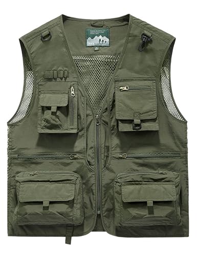Men's Lightweight Mesh Fishing Vest Utility Outdoor Multi-Pocket Hunting Cargo Vest - color: Army Green, size: Large