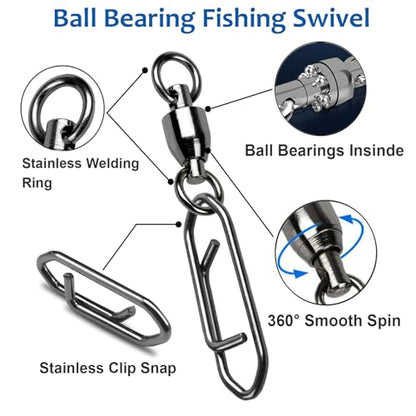 AMYSPORTS High Strength Snap Swivels Stainless Bearing Rolling Fishing Swivel Freshwater Snap Swivels Fishing Clip Steel Black Nickel - size: Size 4+L (100lb) 25 pcs