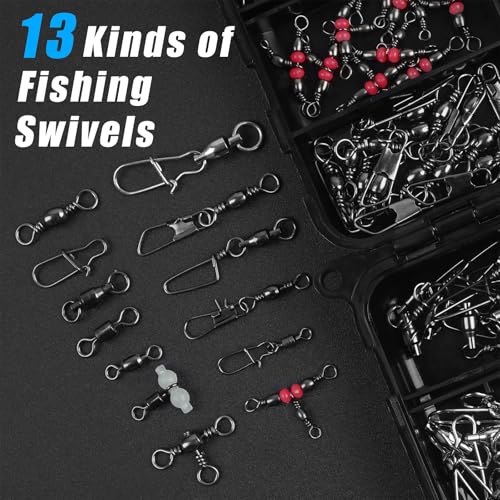 Fishing Swivels Kit - Ball Bearing Swivel, Rolling Barrel Swivel, Crossline Three Way Swivel, Duo Lock Snap, High Strength Fishing Line Connector for Bass Trout Saltwater Freshwater - color: 170PCS