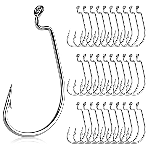 UCEC Fishing Hooks Offset Shank Worm Hooks Extra Wide Gap 2X Strong Carbon Steel Bait Jig for Bass Fishing Trout Catfish Saltwater Freshwater 1/0 2/0 3/0 4/0 5/0 30pcs/Box - size: 2/0 30pcs