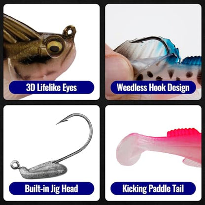 Soft Fishing Lures 5pcs Kit with Tackle Box Weedless Paddle Tail Swimbaits for Bass Trout Crappie Walleye Freshwater Saltwater Life Like Action Durable Plastic Sharp Hooks - color: 2in 5pcs