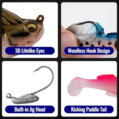 Soft Fishing Lures 5pcs Kit with Tackle Box Weedless Paddle Tail Swimbaits for Bass Trout Crappie Walleye Freshwater Saltwater Life Like Action Durable Plastic Sharp Hooks - color: 3in 5pcs