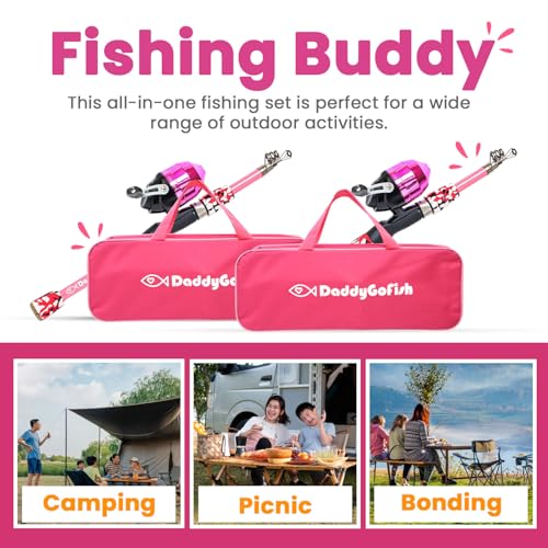 DaddyGoFish Kids Fishing Pole - Rod Reel Combo Tackle Box Starter Set - First Year Small Gear Kit for Boys Girls Toddler Youth Age Beginner Little Children - color: 2 Pack- Pink + Pink (Essential Set), size: 4ft
