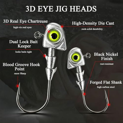 15pcs Swimbait Jig Heads Dual Bait Keeper 3D Eye Salt Fresh Water Soft Lure Hooks Multi Weight Assortment 1/8-1/2oz - size: Assorted-15Pack