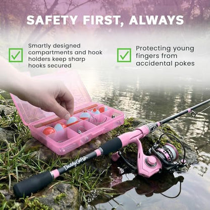 DaddyGoFish Spinning Fishing Rod and Reel Combo Set with Tackle Box | Kids Fishing Pole | Carbon Fiber Telescopic Fishing Rod Kit | Spinning Reel for Travel Saltwater Freshwater Fishing Gear Kit - color: Pink