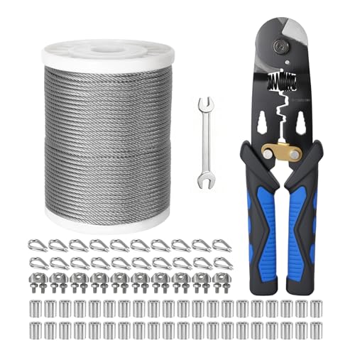 1/8 Inch Stainless Steel Cable 200FT,- 7x7 Strand Aircraft Wire Rope,with Loop Sleeve and Steel Thimble,Wire Clamp Clip,Outdoor Hanging kit, Garden Fence, Marine, DIY Projects - size: 1/8 inch 200FT