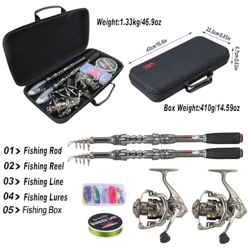 Sougayilang Fishing Rod and Reel Combo – 5.9FT Telescopic Carbon Fiber Fishing Pole with 12+1 BB Spinning Reel, Saltwater Freshwater Kit - color: 2PACK- 5.9FT Full Kit with Carrier Case