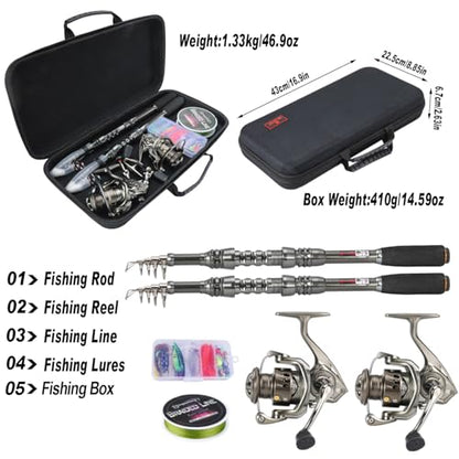 Sougayilang Fishing Rod and Reel Combo – 5.9FT Telescopic Carbon Fiber Fishing Pole with 12+1 BB Spinning Reel, Saltwater Freshwater Kit - color: 2PACK- 5.9FT Full Kit with Carrier Case