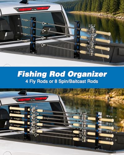 Fishing Pole Rack for Truck Bed Fishing Rod Holder Truck Fishing Pole Holder Holds up to 8 Rods or 4 Fly Rods Storage Organizer for Ford F150 Dodge Ram Tundra