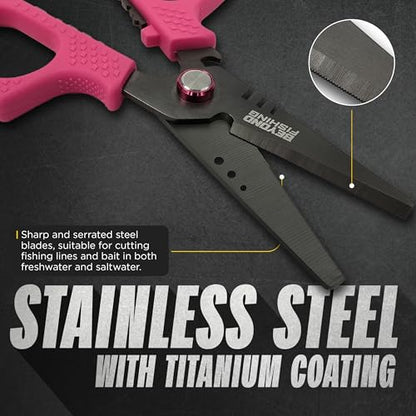 Beyond Fishing 6.5" Pro Fishing Shears Dual Serrated Blades, Fishing Braided Line Scissors with Titanium Coating, Non-Slip Grip & Multifunction Tool, Includes Hard Molded Locking Sheath - color: Pro - Pink