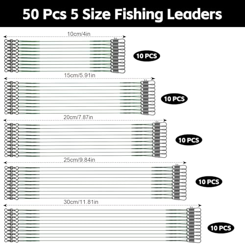 DONQL 50pcs Fishing Leaders, Stainless Steel Fish Line, 10/15/20/25/30cm Wire with Swivels Snaps Connect Fishing Gear and Equipment Tackle Kit, for Bait Lures Rigs Hooks - color: Green