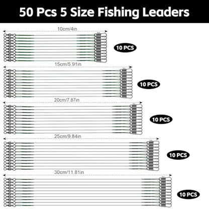 DONQL 50pcs Fishing Leaders, Stainless Steel Fish Line, 10/15/20/25/30cm Wire with Swivels Snaps Connect Fishing Gear and Equipment Tackle Kit, for Bait Lures Rigs Hooks - color: Green
