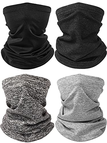 SATINIOR 4 Pieces Kids Summer Neck Gaiter Unisex Cooling Face Cover Scarf Breathable Sun Bandana Fishing Cycling Mask - color: Black, Grey, Light Grey, Lined Black