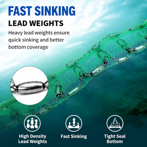 Nylon Multfilament Cast Net, 4FT/8FT/10FT/12FT American Style Hand Throwing Fishing Net with Zinc Plated Weights for Saltwater and Freshwater - color: N-GREEN-10FT