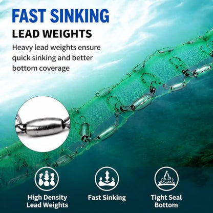 Nylon Multfilament Cast Net, 4FT/8FT/10FT/12FT American Style Hand Throwing Fishing Net with Zinc Plated Weights for Saltwater and Freshwater - color: N-GREEN-4