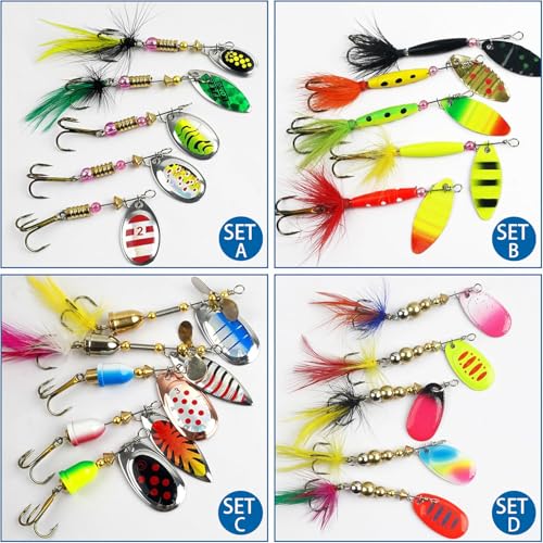 Spinner Baits Bass Lures Rooster Feather Tail Trout Lures Hard Metal Inline Spinner Bait Fishing Lure for Bass Salmon Trout - style: 20pcs Spinnerbaits Kit