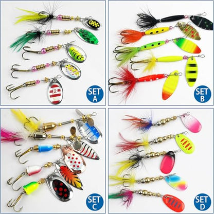 Spinner Baits Bass Lures Rooster Feather Tail Trout Lures Hard Metal Inline Spinner Bait Fishing Lure for Bass Salmon Trout - style: 20pcs Spinnerbaits Kit