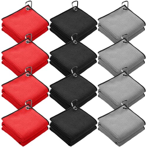 Batiyeer 12 Pcs Golf Towel Bulk for Golf Bags Microfiber Fabric Towel with Clip Waffle Pattern, Fitness, Camping, Hiking, Yoga - color: Black, Gray, Red