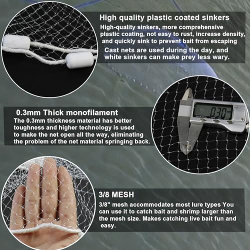 Drasry Saltwater Fishing Cast Net 3/8 and 1/4 Mesh with Heavy Duty Gray Sinker American Monofilament Fish Throw Net for Bait Trap 3FT 4FT 5FT 6FT 7FT 8FT 9FT Radius - size: 8FT Radius, style: 3/8 Mesh 0.6 Lb/Ft