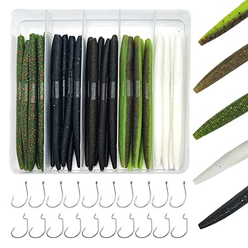 Senko Wacky Worms - Soft Plastic Lures, 30pcs Rubber Worms, 4-5 inches for Bass Freshwater & Saltwater Fishing