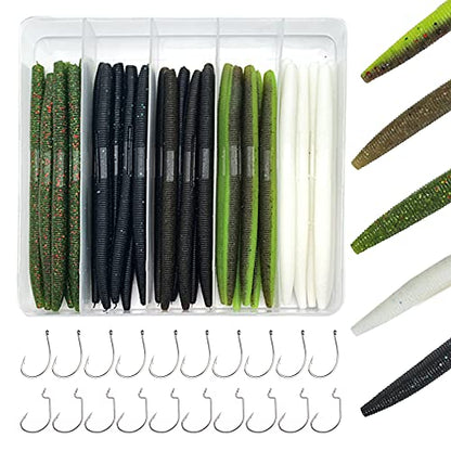 Senko Wacky Worms - Soft Plastic Lures, 30pcs Rubber Worms, 4-5 inches for Bass Freshwater & Saltwater Fishing