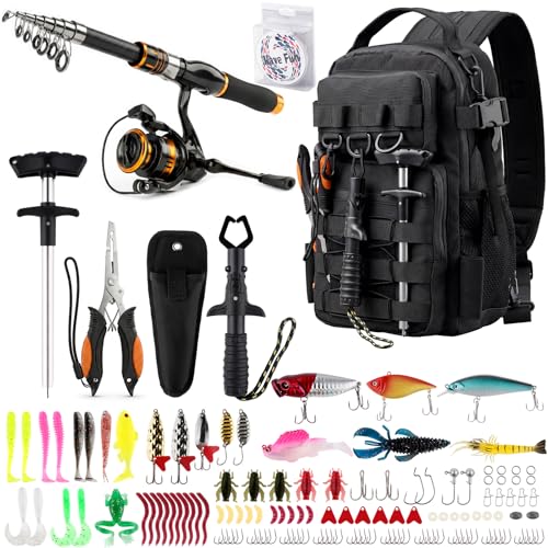Fishing Backpack with Spinning Rod Reel Combos Tackle Box,Portable Travel Fishing Rods Kit,Fishing Sling Tackle Bag with Rod Holders,Fishing Gear Gifts for Men with Fishing Lures,Pliers