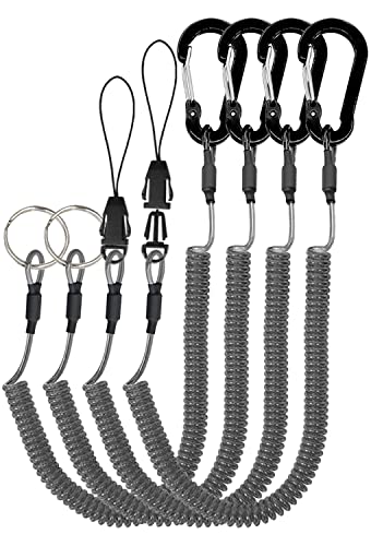 Lix&Rix Detachable Spiral Stretchy Coiled Lanyard with Carabiner | Ring and Quick Release Type, Outdoor Hunting Fishing Equipment Tool Tether Leash, Black 4pcs