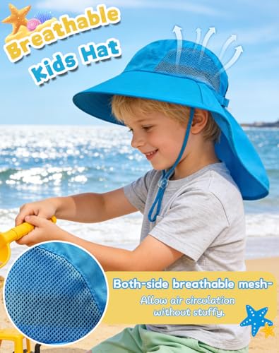 Rosoz Kids Sun Hat with Neck Flap UV Protection Summer Toddler Beach Hat Unisex Ponytail Hat Wide Brim Fishing Hat - color: Blue+lake Blue