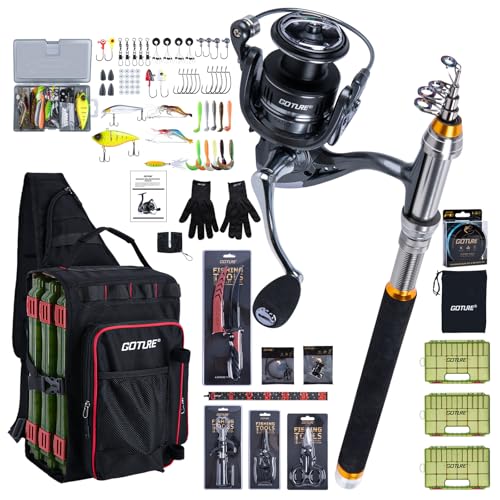 Goture Fishing Kits for Adult,Fishing Pole and Reel Combo, OpenSide Fishing Sling Tackle Storage Bag with 3 Tackle Boxes,Gift for Men - color: Black 20L bag + 3700 trays, size: 8FT/2.4M