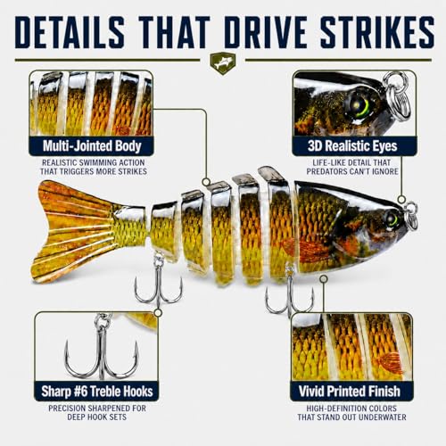 Rattling Fishing Lures 3 Pack, Multi-Jointed Swimbaits with Treble Hooks, Lifelike S-Swimming Hard Baits for Bass, Trout, Crappie & Perch