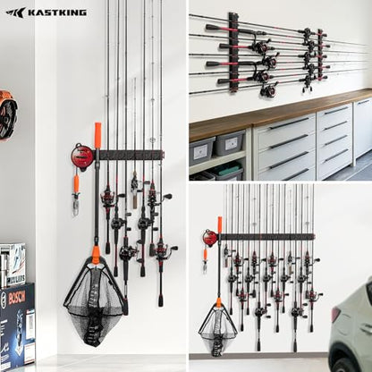 KastKing GravityLock Fishing Rod Holder, V8 & V9 2-Pack Wall Mounted Fishing Rod Rack, Holds up to 17 Fishing Rods or Combos, Universal Rod Storage System, Heavy-Duty Grip, Built-in Line Spooler - style: D:V8 & V9 (Store 17 Combos) - 2 Packs