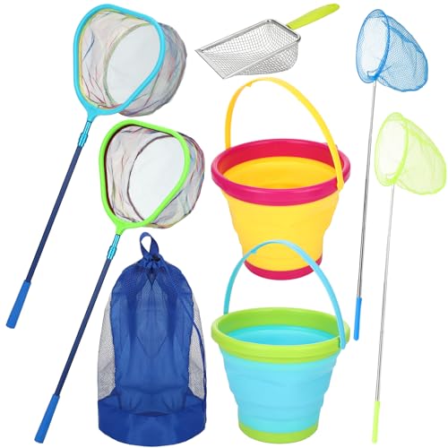 2 Pack Telescopic Kids Fishing Net with Handle, 2 Collapsible Bucket Sand Pail, Stainless Steel Foldable Fishing Net Small Fishing Butterfly Bug Net Beach Shovel with Storage Bag - color: Blue Yellow Green