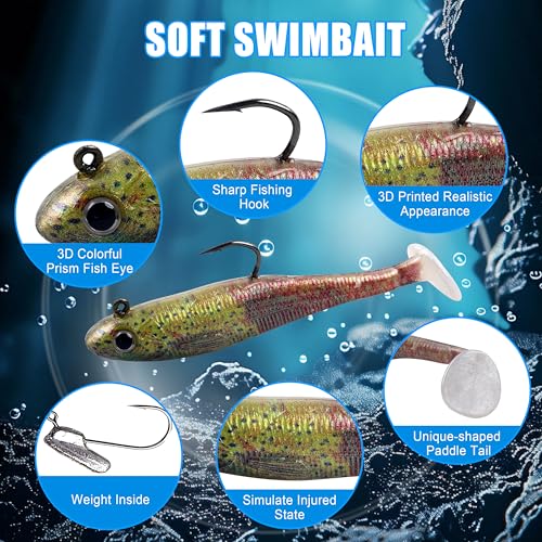 Soft Fishing Lures Swimbait Jig Heads Paddle Tail Swim Bait Pre-Rigged Swimbaits with Weighted Hooks Crankbait Swim Shad Lures for Bass Trout Walleye Fishing - size: 2.76in/7cm 0.32oz/9g