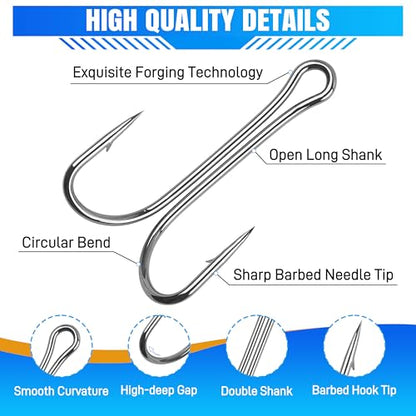 Double Fishing Hooks, 45pcs Classic Dual Frog Hooks High Carbon Steel Double Hook Sharp Barbed Open Shank for Bass Fishing Lures Bait Saltwater Freshwater