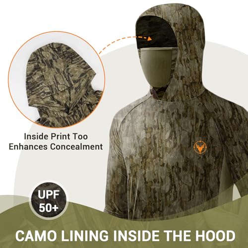 Palmyth Hunting Hoodie with Mask for Men Sun Protection Camo Fishing Shirts | UPF 50+, Mask Neck Gaiter, Quick Dry, 2 Zipper Pockets, Side Mesh Vent, Thumb Loops, Moisture Wicking, Stretchy, Breathable - color: Bark Ridge, size: XX-Large