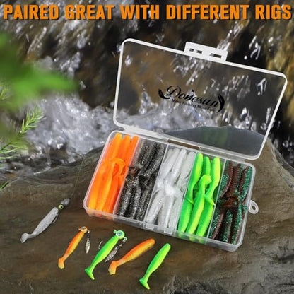Dovesun Crappie Lures Kit Soft Plastic Baits Paddle Tail Swimbaits Fishing Soft Plastic Lures Crappie Walleye Trout Bass Fishing Baits 60pcs/75pcs - color: Duck Feet-2.5in-60pcs