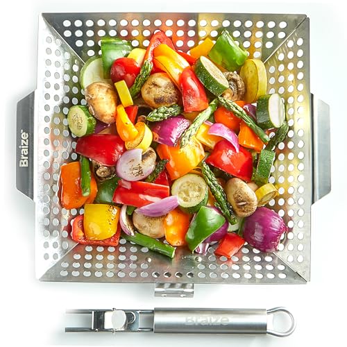 Heavy-Duty Stainless Steel Grill Basket – 12" x 13.75" Large BBQ Basket with Removable Handle – Durable Grilling Basket for Vegetables & Meat – Outdoor Cooking Accessory for Gas & Charcoal Grills - size: w/out Scrub Sponges