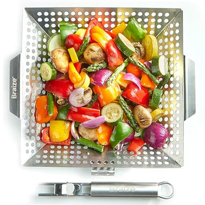 Heavy-Duty Stainless Steel Grill Basket – 12" x 13.75" Large BBQ Basket with Removable Handle – Durable Grilling Basket for Vegetables & Meat – Outdoor Cooking Accessory for Gas & Charcoal Grills - size: w/out Scrub Sponges